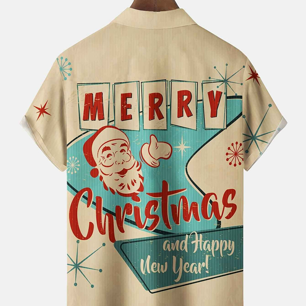 Santa Claus Vintage Geometric Atomic Print Men's Button Pocket Short Sleeve Shirt S-