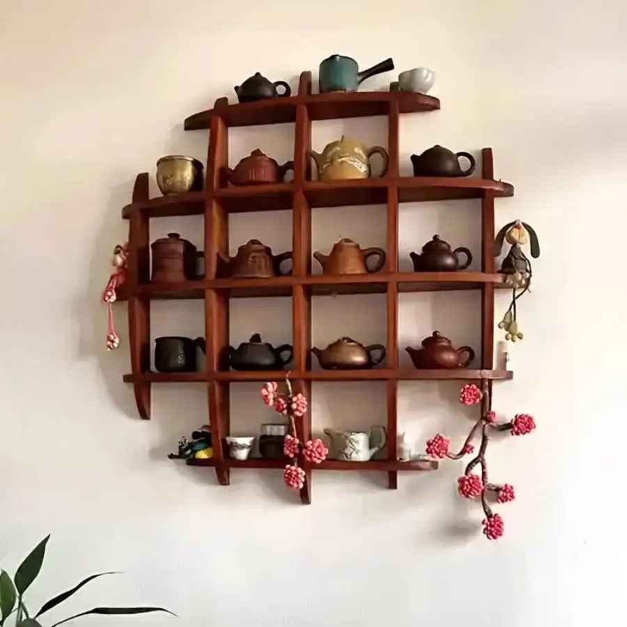 Retro multi-functional solid wood storage rack, multi-slot wall-mounted cup holder, suitable for living rooms, offices, kitchens and wall decoration racks, as well as perfume storage. It features a traditional design style and is sturdy and durable