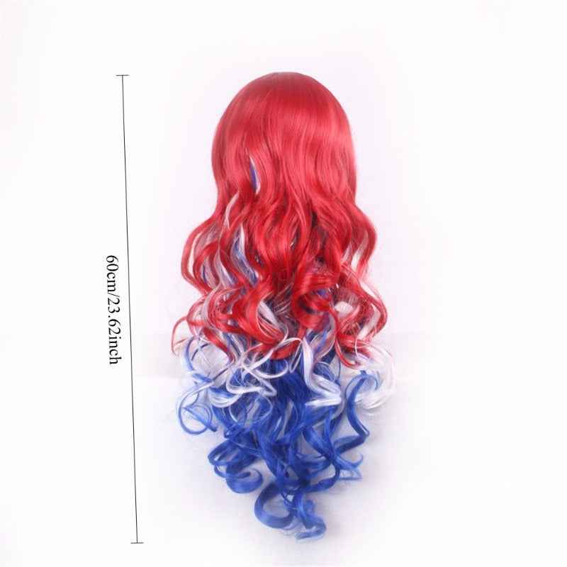 A Long Curly Red, White, And Blue Gradient Cosplay Wig, Perfect for USA Independence Day Parties, Stage Performances, Holiday Celebrations, Gift Giving, Parties, And Creative Costume Props