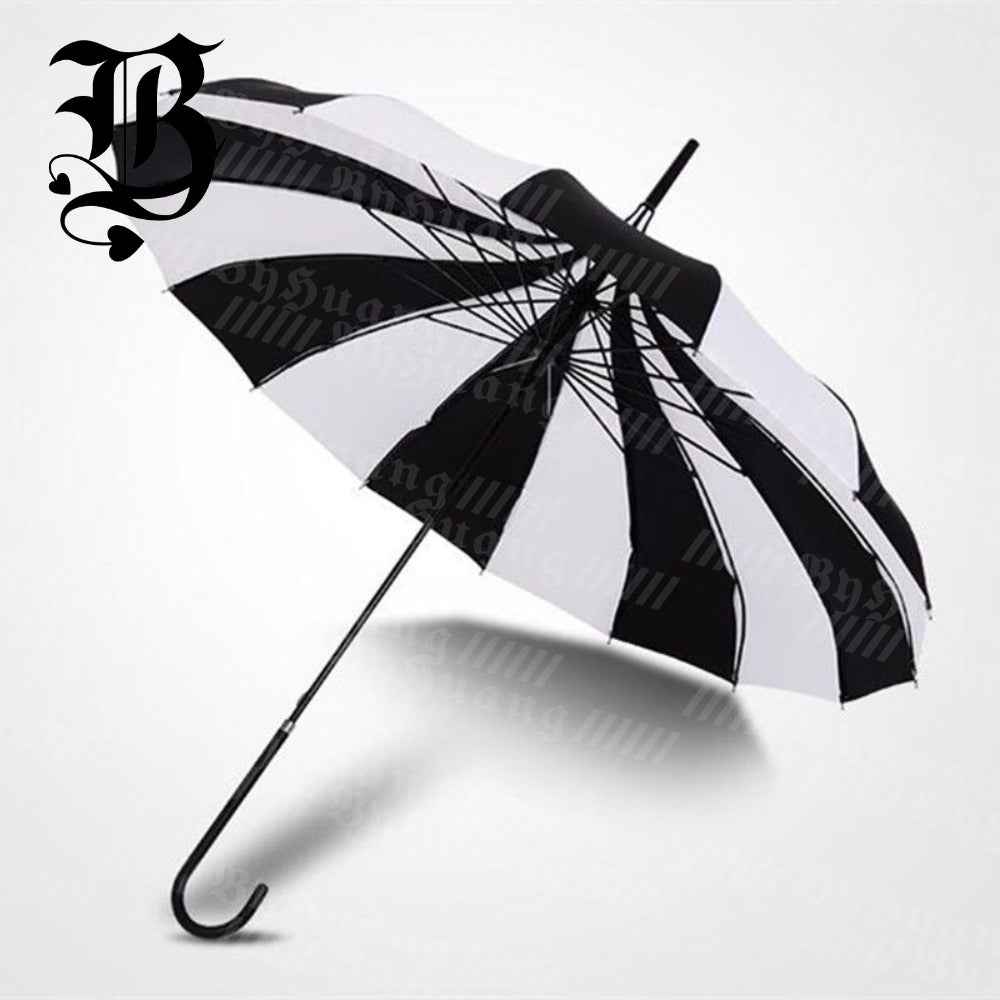 [Wedding Photography] 16-Bone Manual Open/Close Gothic Pagoda Umbrella with Wood Frame & Black/White Striped Canopy - Long Handle Suitable for Wedding Photography, Korean Princess Style, Catwalk, Photo Shoots, Historical Events - Elegant Lady Umbrella