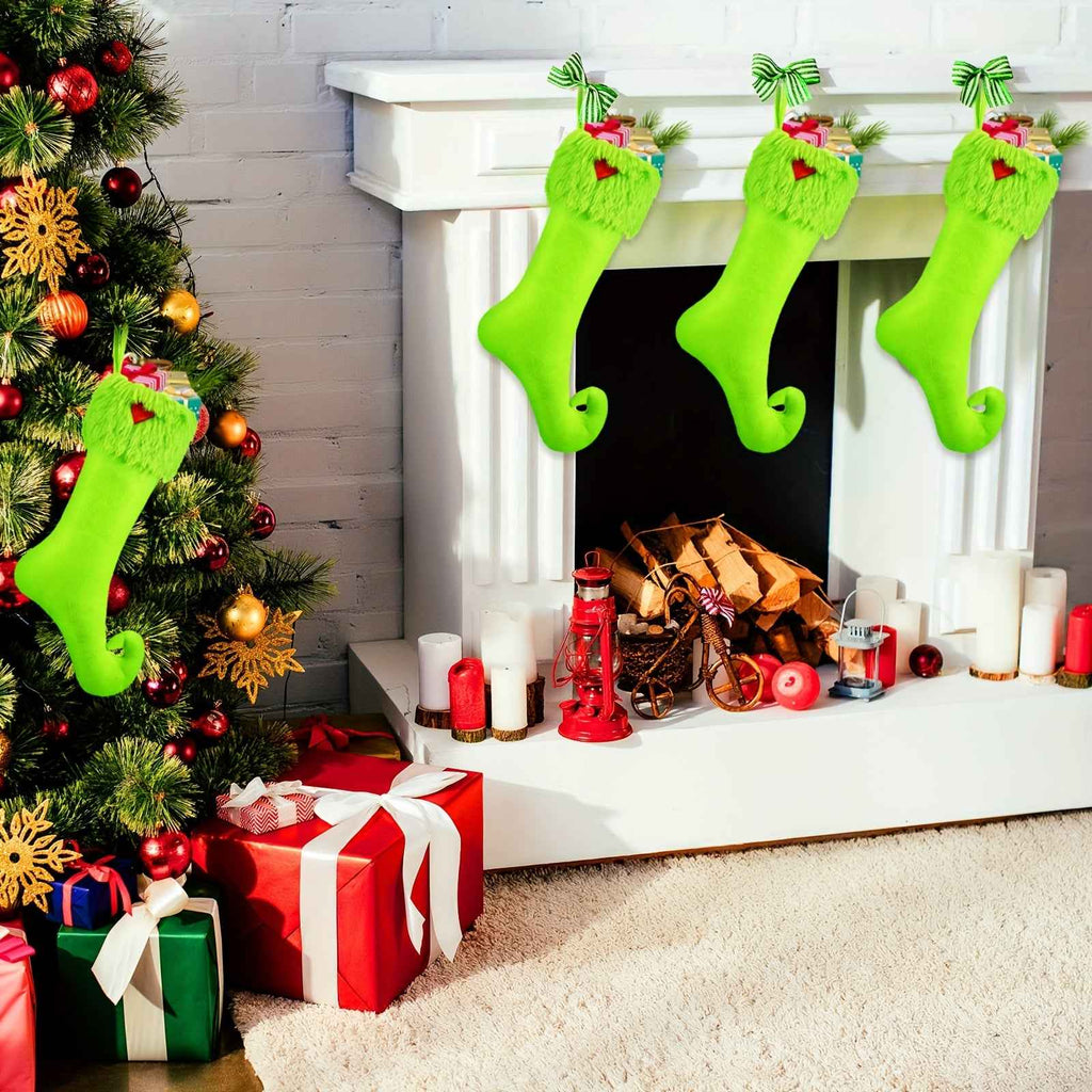 Vibrant Neon Green Extra Long Christmas Stockings - 19 Inch Holiday Decor with Ring Hanging Decorations