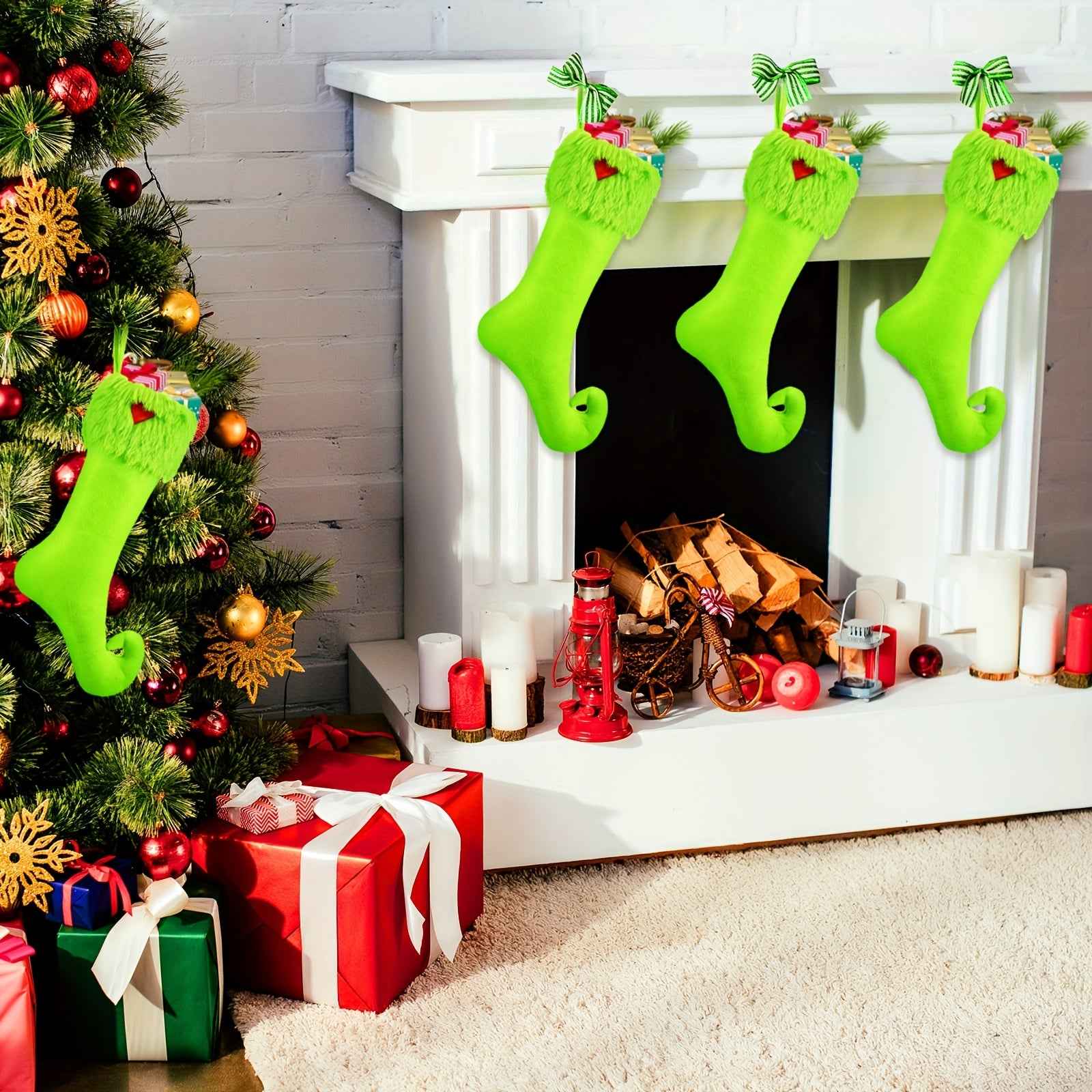 Vibrant Neon Green Extra Long Christmas Stockings - 19 Inch Holiday Decor with Ring Hanging Decorations