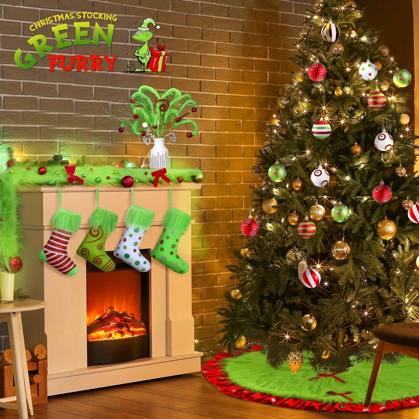 Merry Christmas. 1pc of 36-Inch Red And Green Christmas Tree Skirt, Green Plush Christmas Tree Skirt with Shiny Embellishments, Artificial Round, Suitable for Christmas Party Home Decoration, Holiday Santa Claus Theme