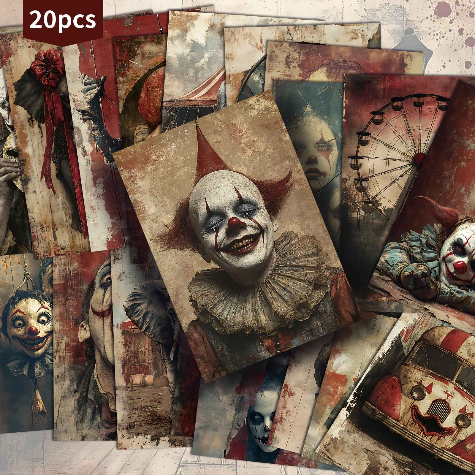 20 Pack Vintage Scary Clown Circus Halloween Paper Postcards - 4x6 Inches Vintage Junk Journal Paper, Classic Pinup Illustrations, Collectible Decorative Painting Cards for Scrapbooking & Crafting