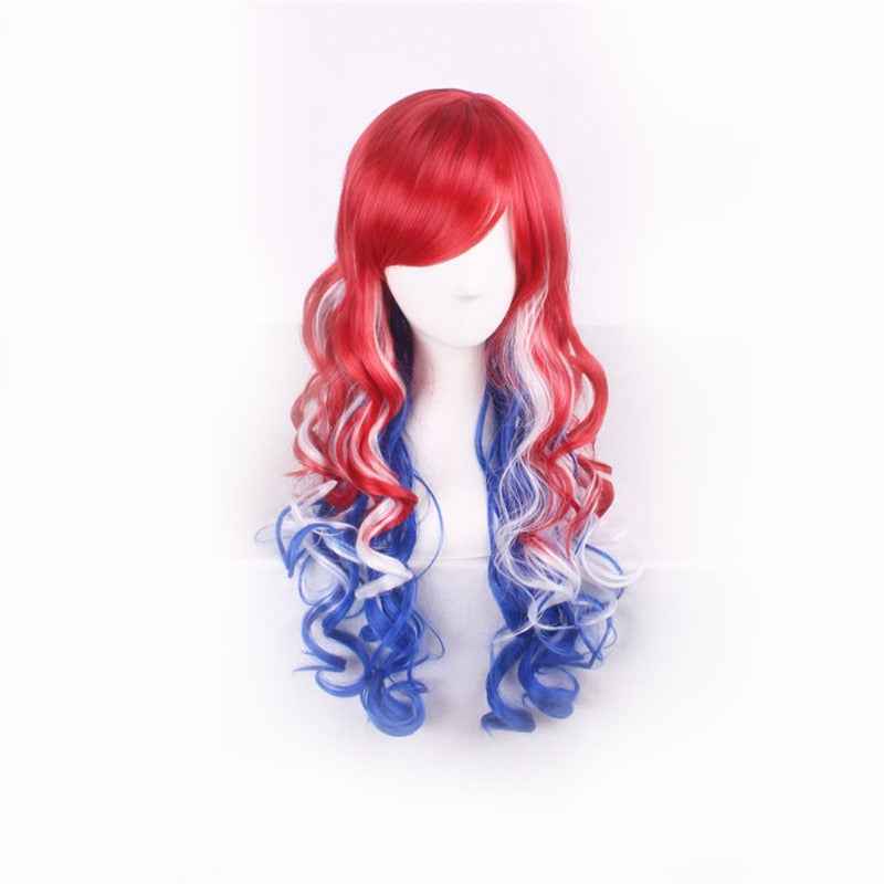 A Long Curly Red, White, And Blue Gradient Cosplay Wig, Perfect for USA Independence Day Parties, Stage Performances, Holiday Celebrations, Gift Giving, Parties, And Creative Costume Props