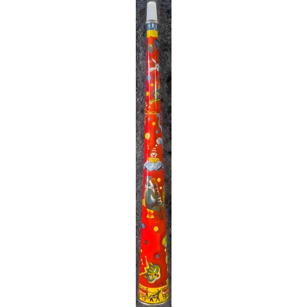 Large NOS 1960s World Circus Tin Horn Noisemaker 🎪 Colorful Clowns Animals Balloons