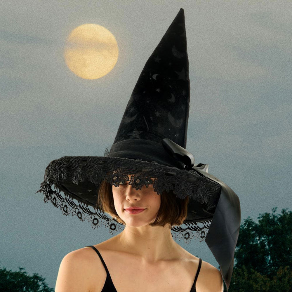 Bow Pointed Flower Lace Around Halloween Witch Hat by Madeline Love