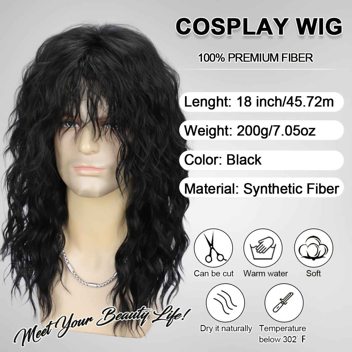 1pc Men's 70s 80s Rock Punk Wig with Long Heat Resistant Curly Hair, Breathable Net Cap for Theme Parties, Music Festivals, Halloween & Cosplay (Black, Vintage Rockstar Costume Synthetic Hair)