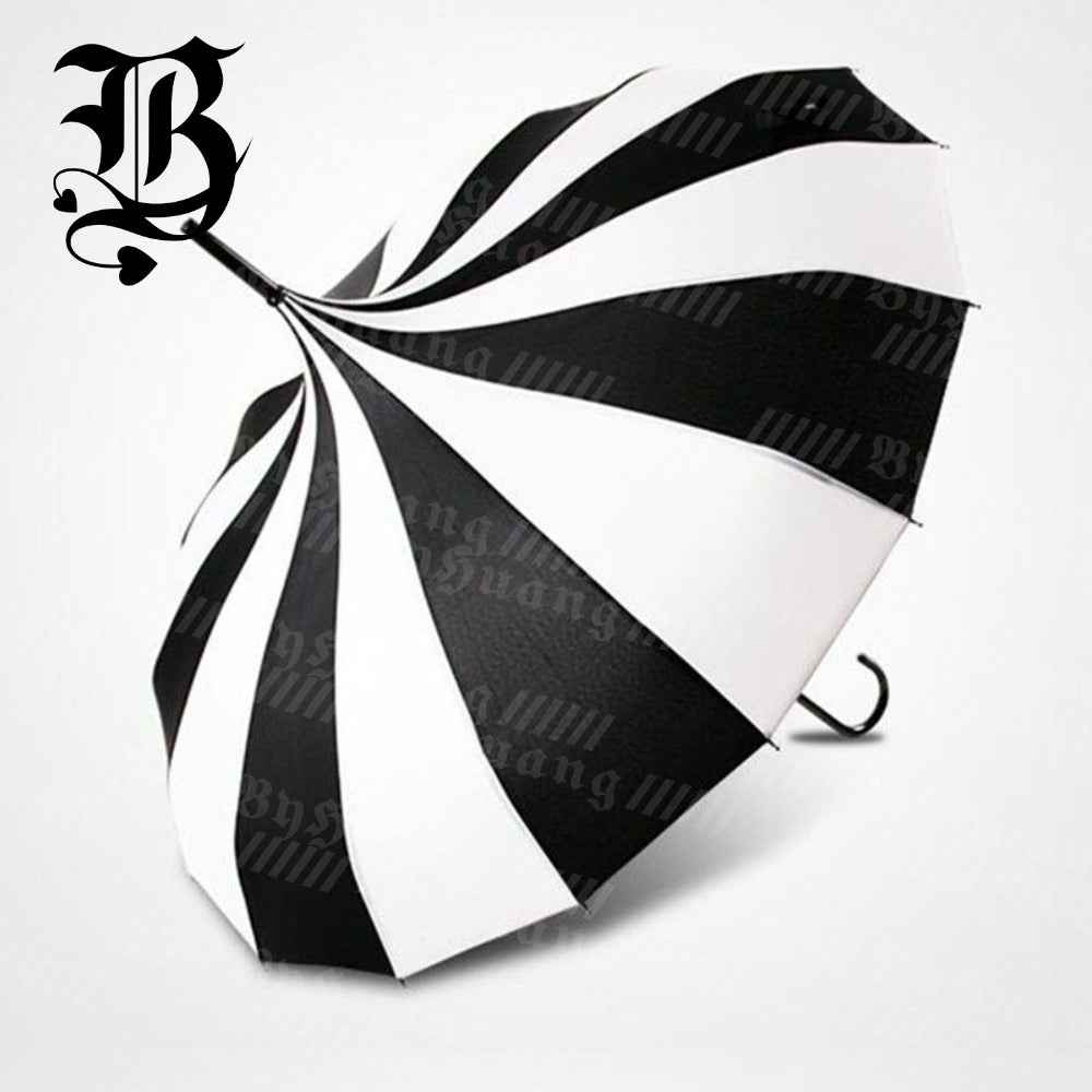 [Wedding Photography] 16-Bone Manual Open/Close Gothic Pagoda Umbrella with Wood Frame & Black/White Striped Canopy - Long Handle Suitable for Wedding Photography, Korean Princess Style, Catwalk, Photo Shoots, Historical Events - Elegant Lady Umbrella