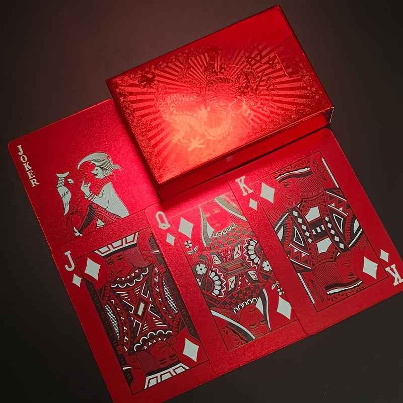 54 Golden Foil Red Series Standard Playing Cards • Made of White Core Paper Material, Surface Is Coated with a High-quality Matte, Making It Sturdy and Durable • Suitable Poker Games, Magic Shows, and Prank Scenarios • Essential Props Halloween