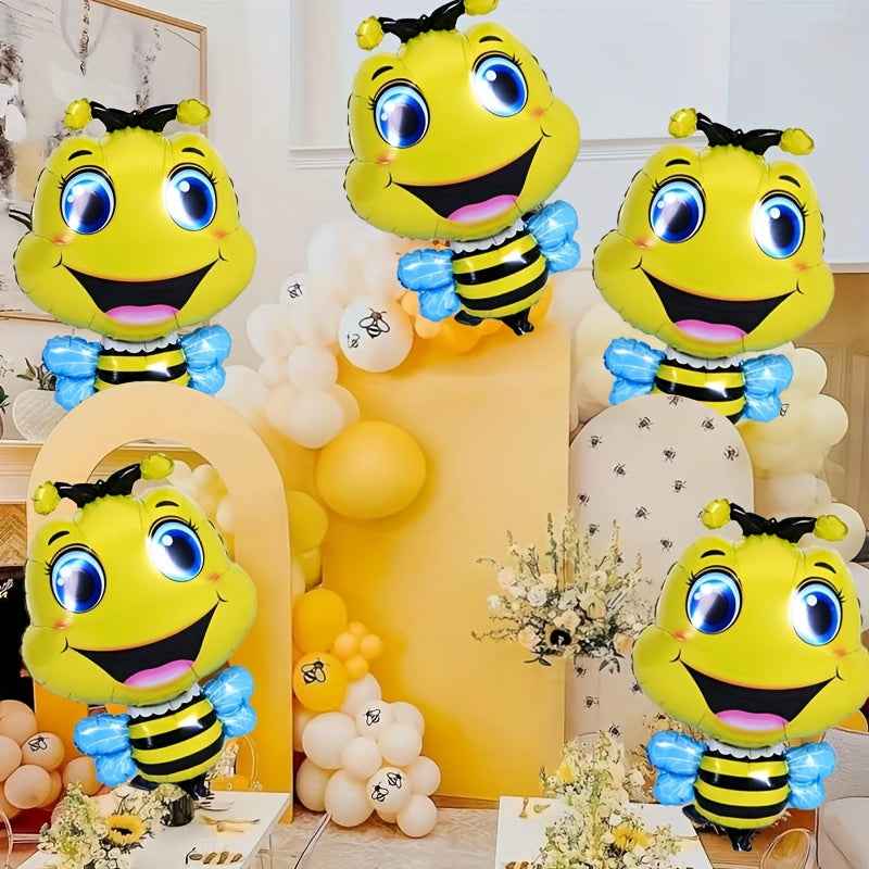 [Yellow Bee Balloons] 5-Piece Yellow Bee Foil Balloons | Large-Eyed for Birthday, Summer, Insect Parties | Background Decorations