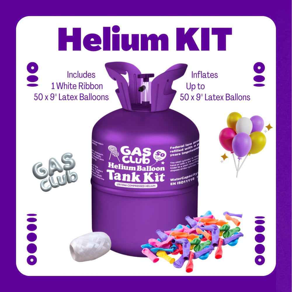 3.43gal Helium Tank Balloon Kit (Up to 50pcs X 9" Latex Balloons) Gasclub Helium Balloons Pump Kit with 50 Latex Balloons And Ribbons for Birthday Party Wedding Decoration, Birthday Celebration, Festive Occasions, Elegant Decor, Festive Ribbons