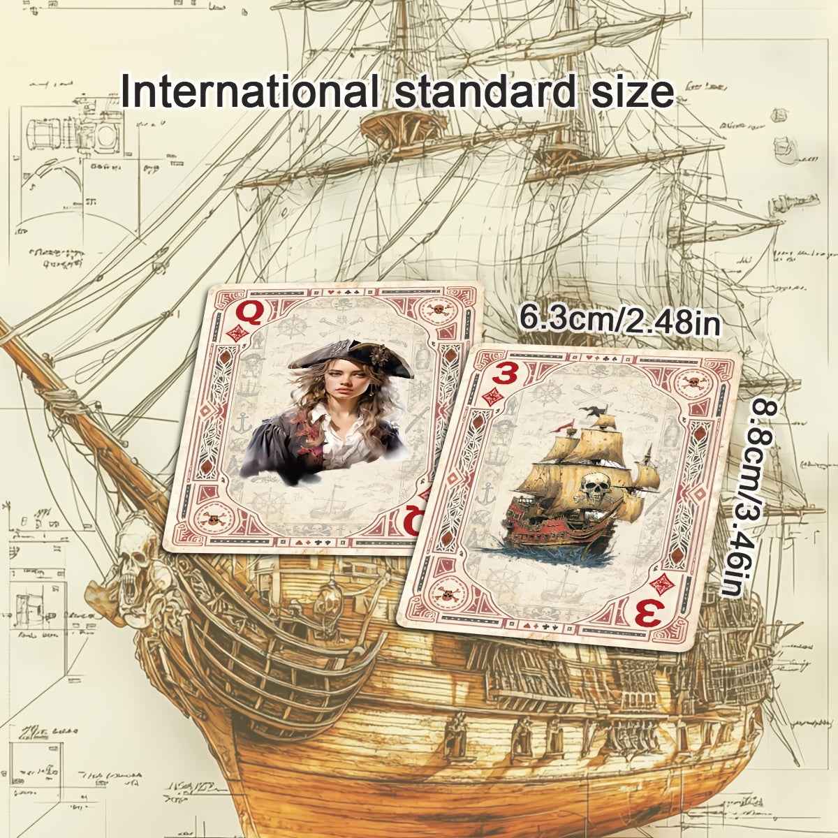 Premium Playing Cards, 4 Different Box And Back Designs Available, Vintage Pirate-Themed Deck, International Standard Size, 54pcs Unique Illustrations, Blue Core Paper Material, Non-Transparent, Double-Sided Anti-Slip Texture, Excellent Handling