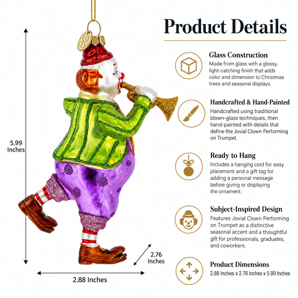 Jovial Clown Performing on Trumpet Glass Christmas Ornament by BestPysanky