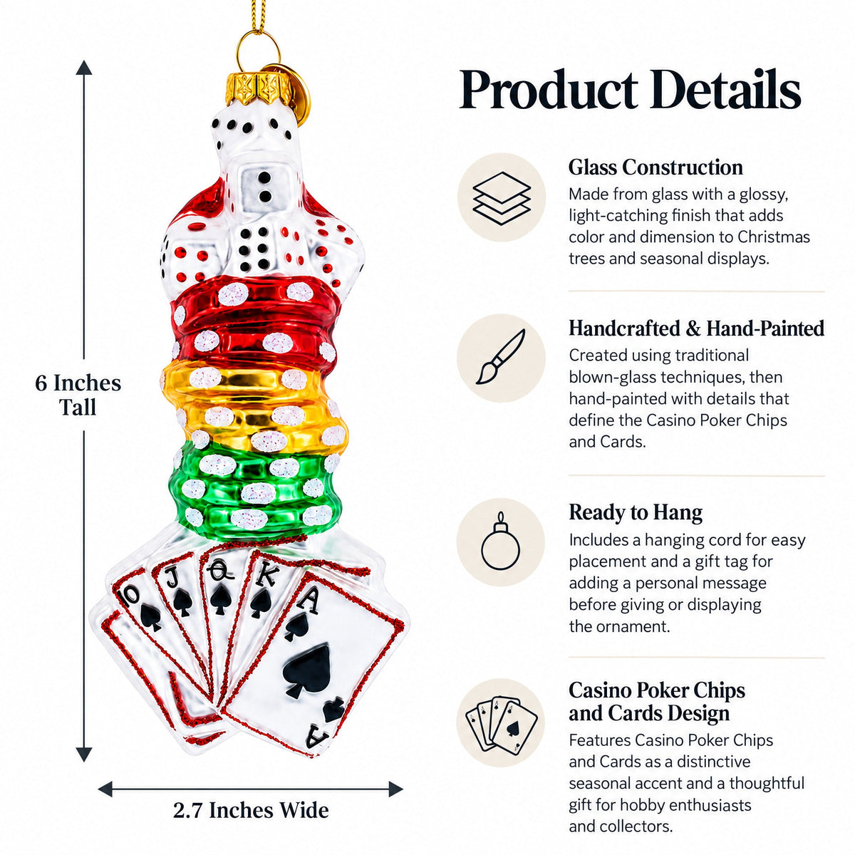 Casino Poker Chips and Cards Glass Christmas Ornament by BestPysanky