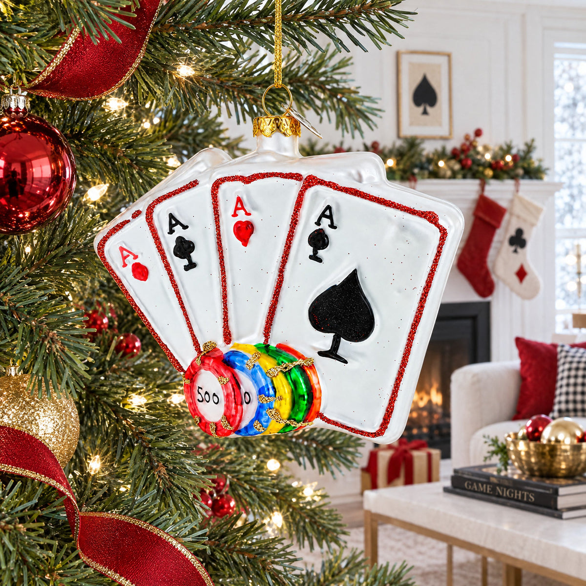 Casino Chips and Playing Cards Glass Christmas Ornament by BestPysanky