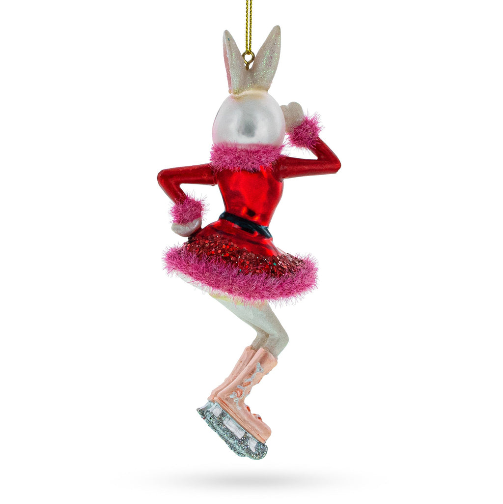 Bunny Ice Skater In Red Dress Glass Christmas Ornament by BestPysanky