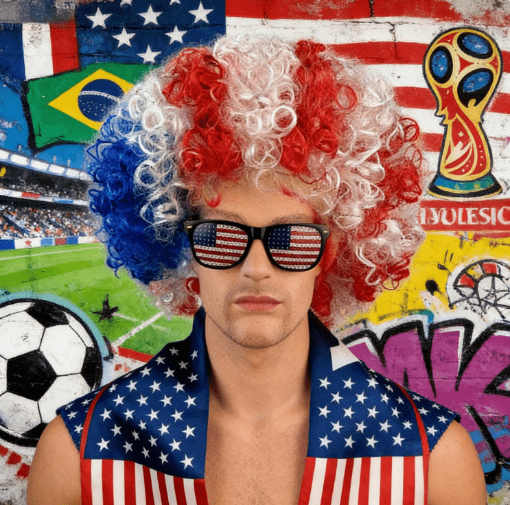 Set of Three Cheering Items in USA Colors, Including a Wig, Glasses, And a Shawl, Perfect for Events Themed Around The USA, Canada, And Mexico. Ideal for Family Viewing Parties And Soccer Fans
