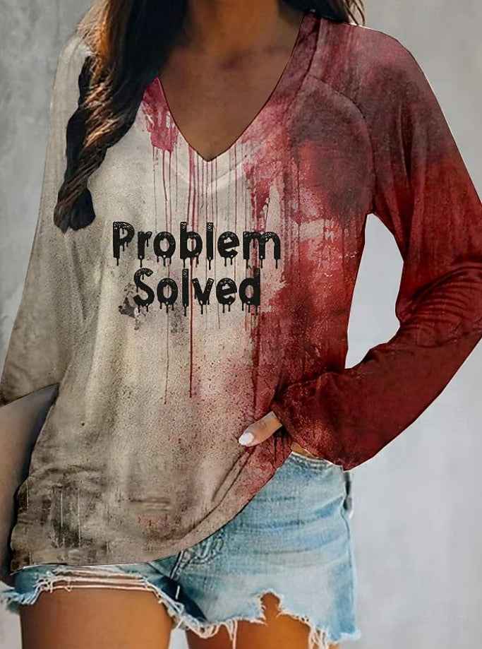 Women's T Shirt Bloodstain V Neck Long Sleeve Graphic Casual Vintage Stylish Western Regular Tops Daily Weekend Vacation Wear Print Wine Light Brown Spring Fall Witch