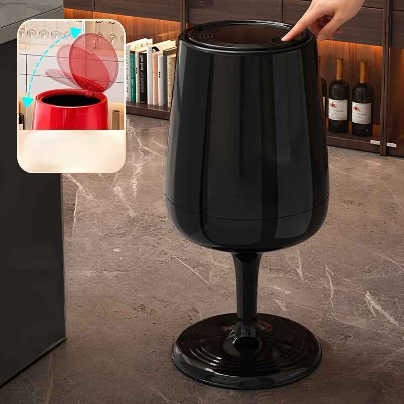 Tall Wine Glass Shaped Trash Can with Lid, Creative High-Legged Standing Floor Wastebasket, Modern Decorative Press-Top Rubbish Bin, Glossy Plastic Waste Bucket, Unique Home Accent Piece, for Kitchen Living Room Bedroom