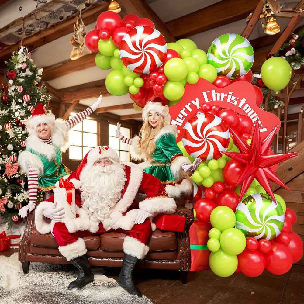 133-Piece Happy Christmas Balloon Arch Set with Lime and Festive Designs - No Electricity Needed!