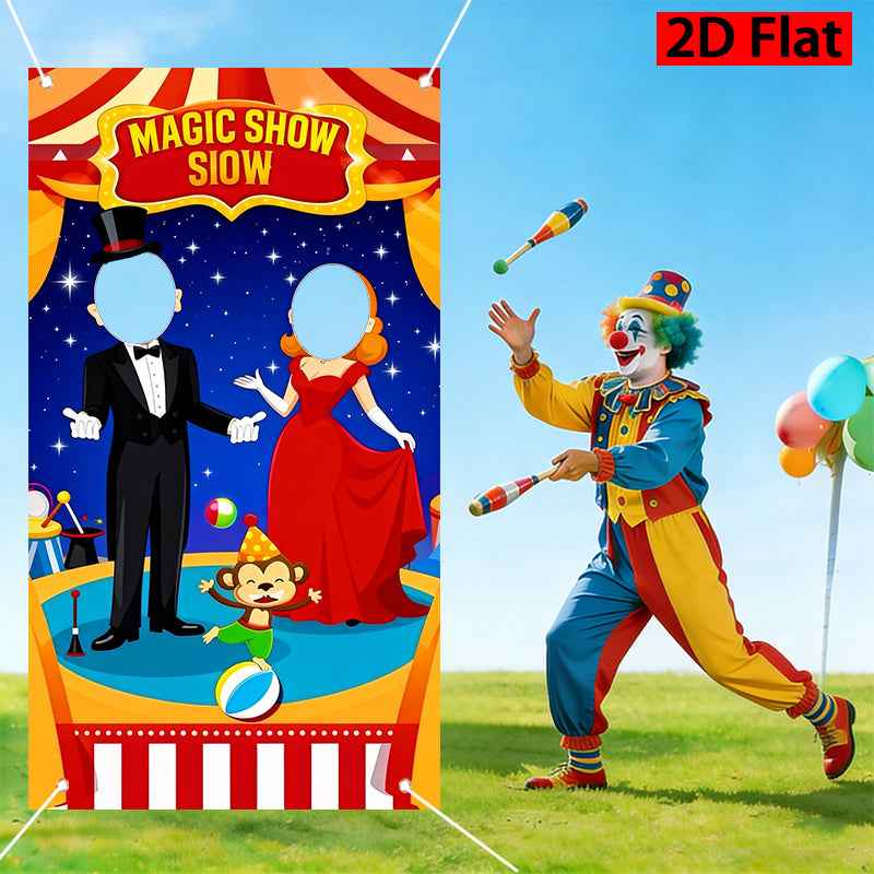 2D Flat, Magic Show Stage Carnival Photo Booth Banner with Magician, Assistant & Monkey - Red Magic-Themed Background Cloth Suitable for Birthday, Christmas, New Year Parties - -Season Party Decoration for Family, Friends, Colleagues Gatherings, 2D