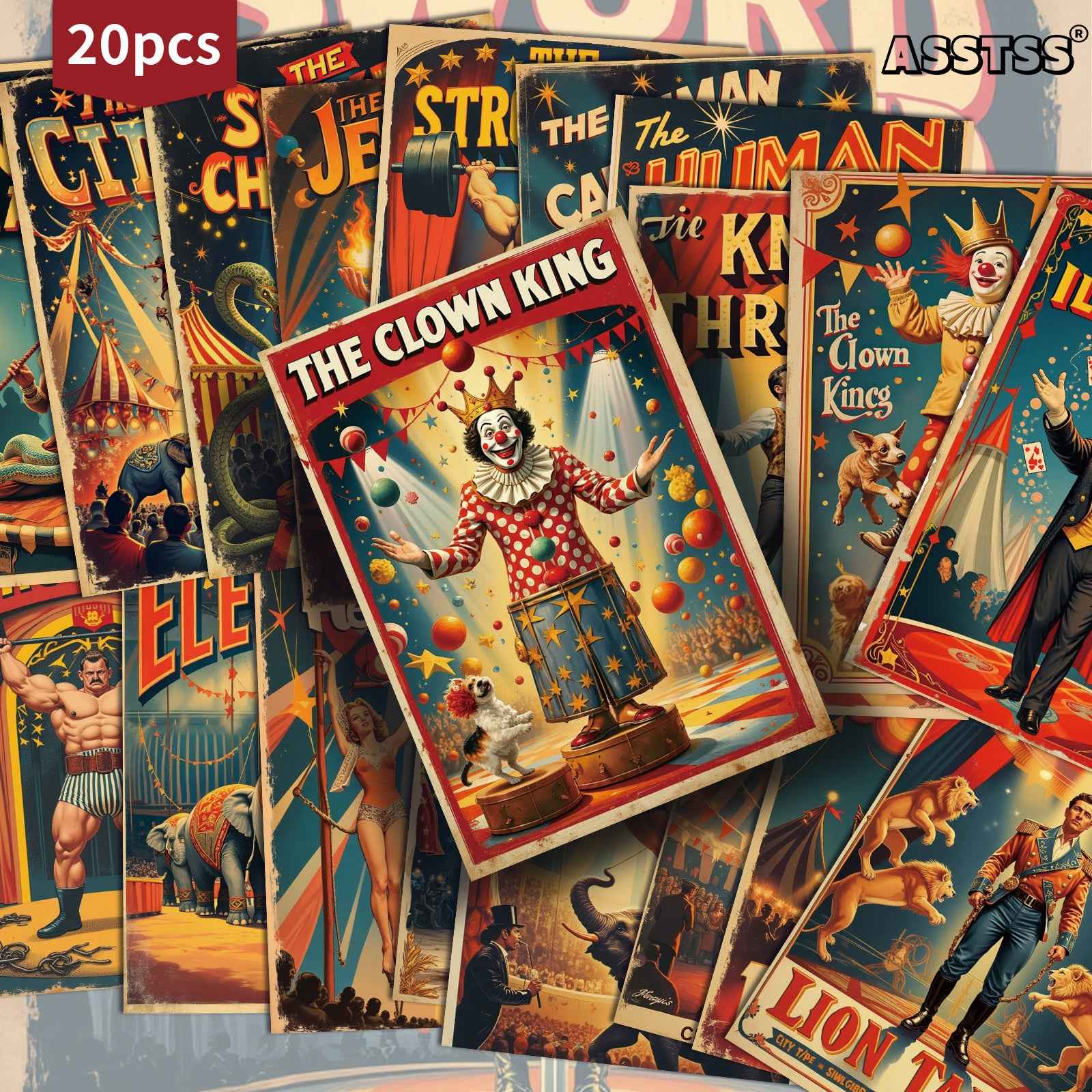 ASSTSS Vintage Clown Circus Poster Cards, 20 pcs Pack, Retro Clown Faces Strongman & Circus Acts, Collectible Pinup Cards, Suitable for Scrapbooking Junk Journals Retro Decor, Gift for Crafters & Circus Fans