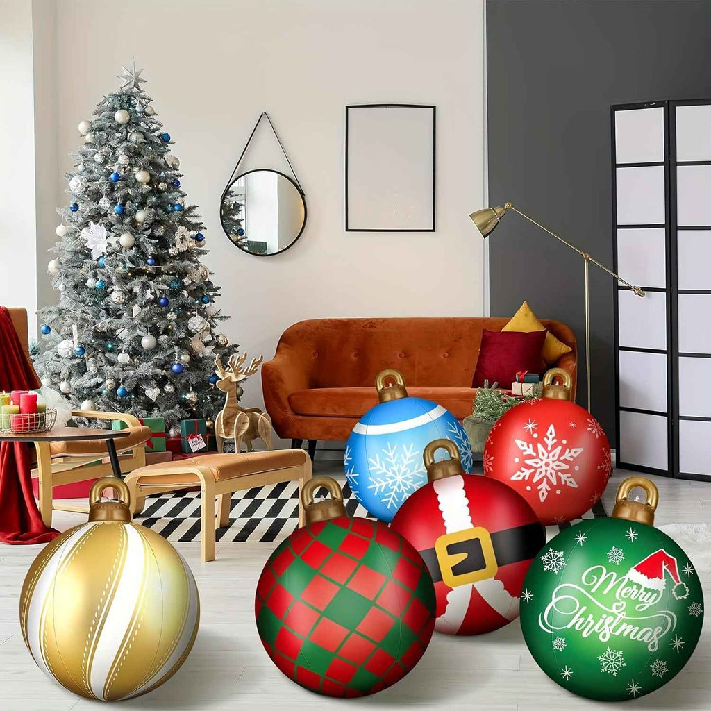 Set of 6 Inflatable Outdoor Christmas Decorations Featuring 32-Inch Enormous PVC Balls with Adorable Designs for Holiday Yard Displays