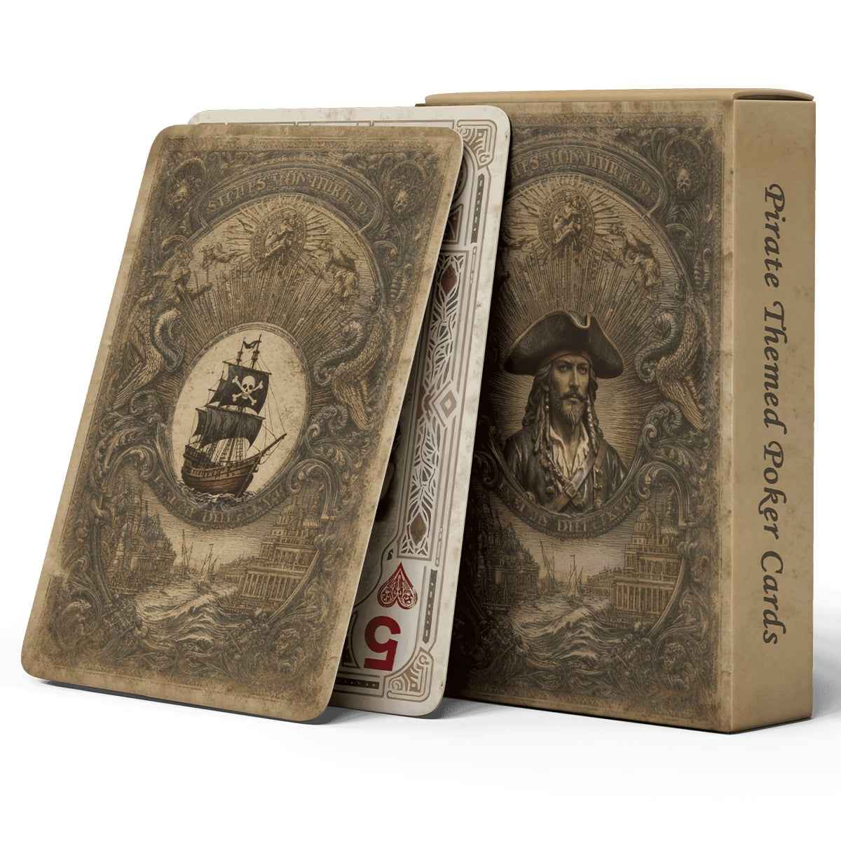 Premium Playing Cards, 4 Different Box And Back Designs Available, Vintage Pirate-Themed Deck, International Standard Size, 54pcs Unique Illustrations, Blue Core Paper Material, Non-Transparent, Double-Sided Anti-Slip Texture, Excellent Handling