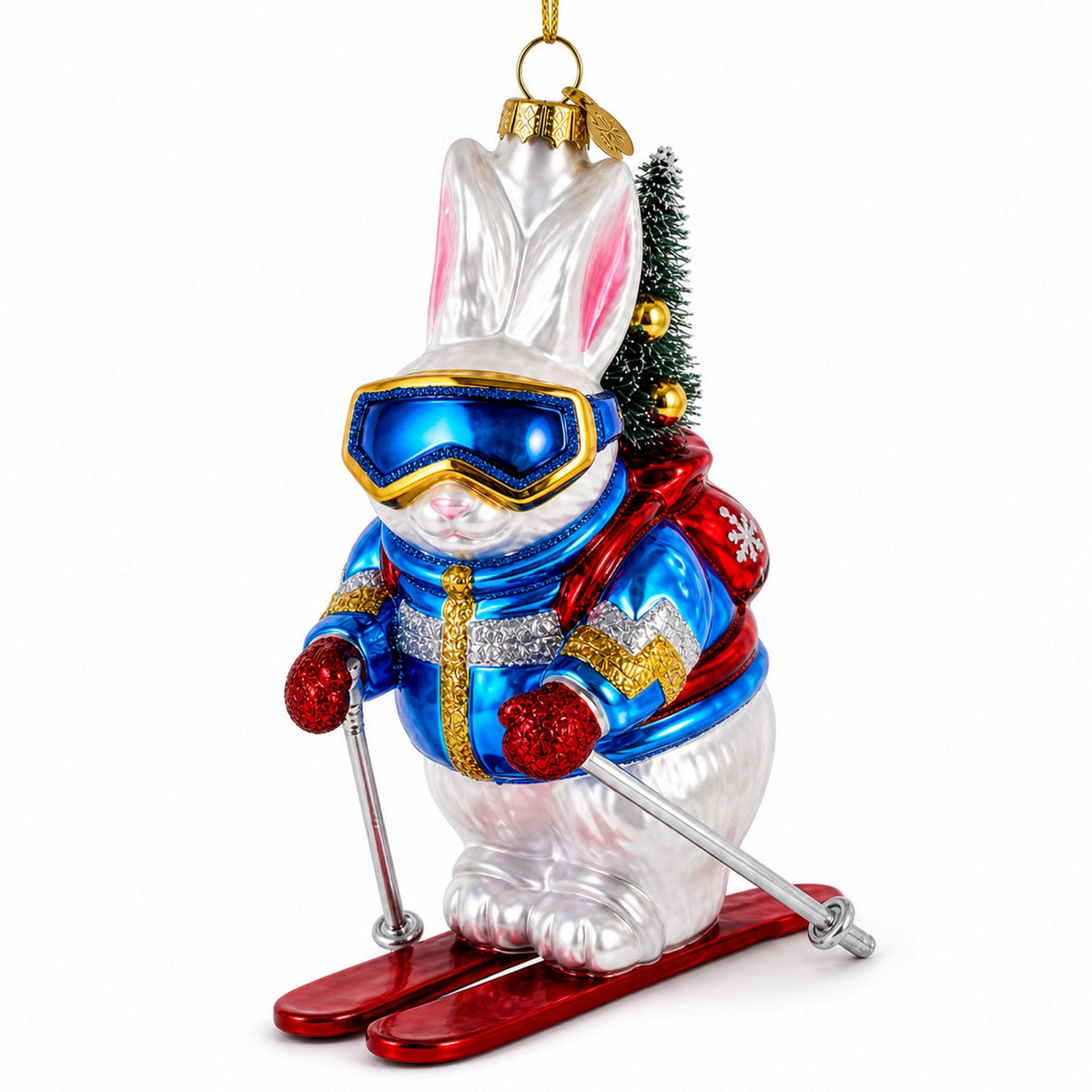 Skiing Bunny Rabbit Wearing Goggles Glass Christmas Ornament by BestPysanky