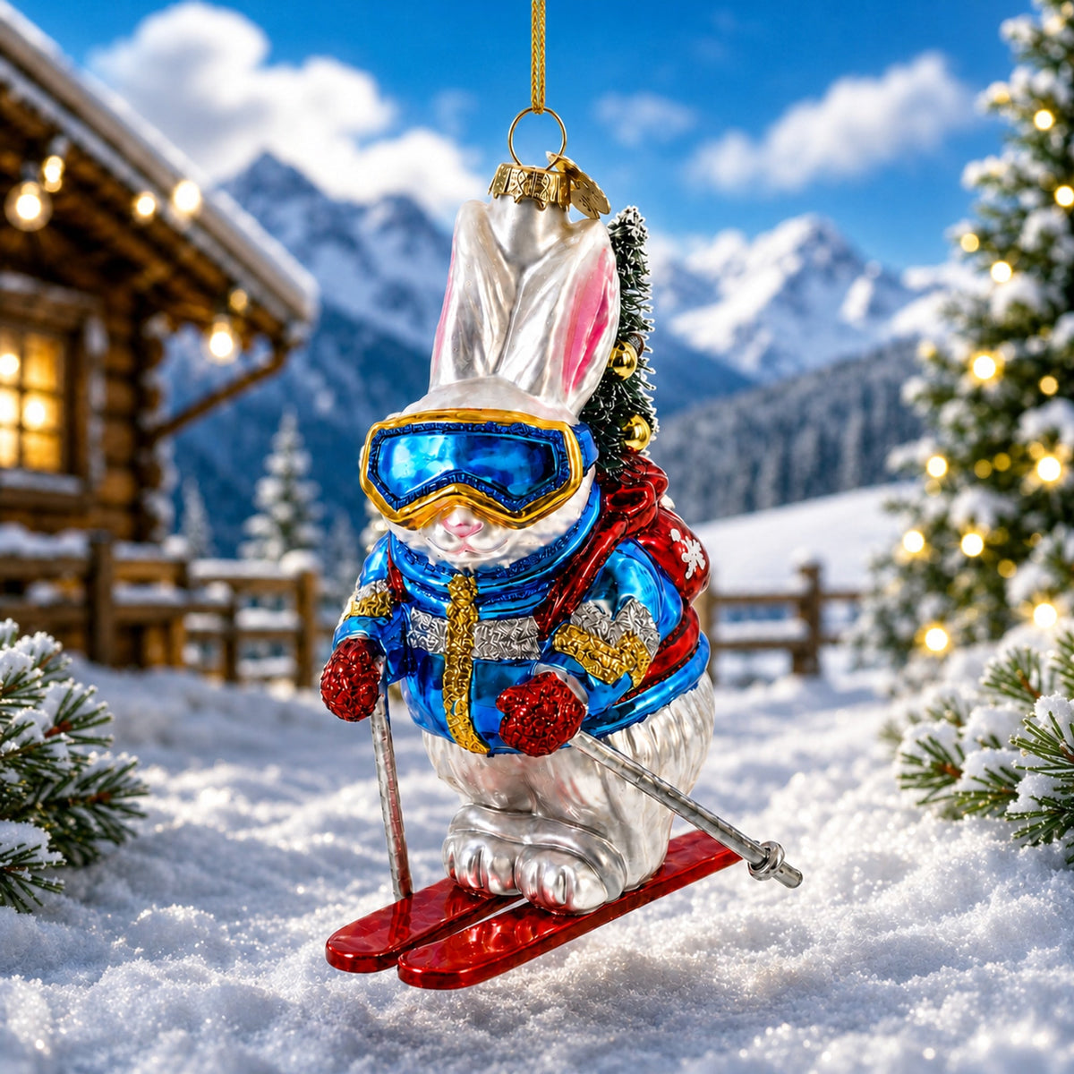Skiing Bunny Rabbit Wearing Goggles Glass Christmas Ornament by BestPysanky