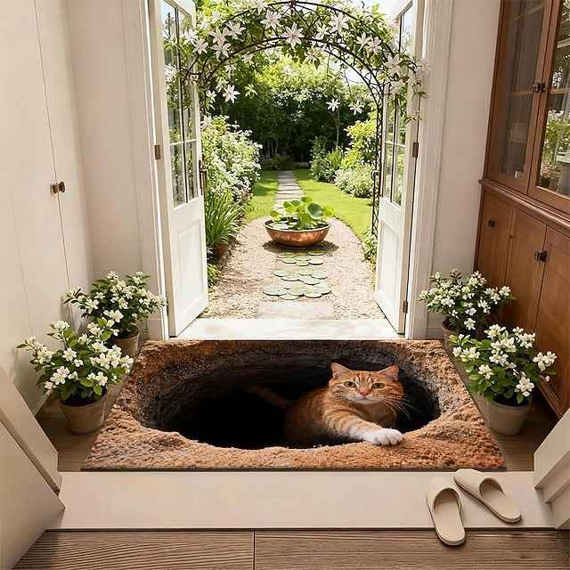 Ginger Cat Peeking from Hole 3D Optical Illusion Doormat 2D Flat Print Rug for Whimsical Entryway Decor and Playful Welcome Mat
