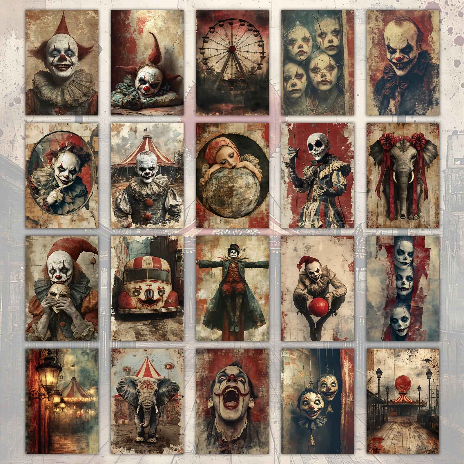 20 Pack Vintage Scary Clown Circus Halloween Paper Postcards - 4x6 Inches Vintage Junk Journal Paper, Classic Pinup Illustrations, Collectible Decorative Painting Cards for Scrapbooking & Crafting