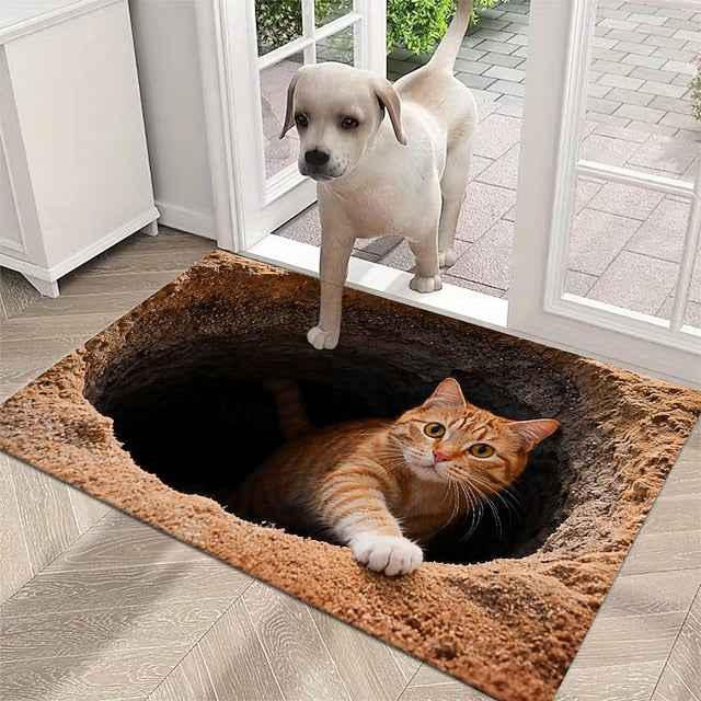 Ginger Cat Peeking from Hole 3D Optical Illusion Doormat 2D Flat Print Rug for Whimsical Entryway Decor and Playful Welcome Mat