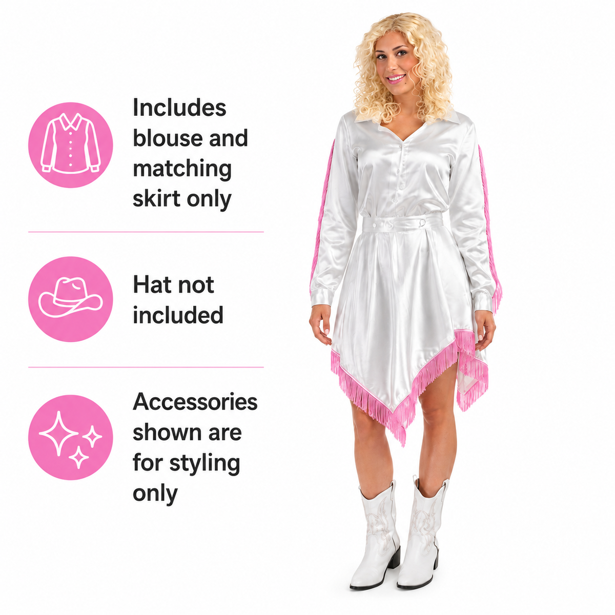 Women’s Country Singer Costume – White & Pink Fringe Blouse & Skirt by Masquerade