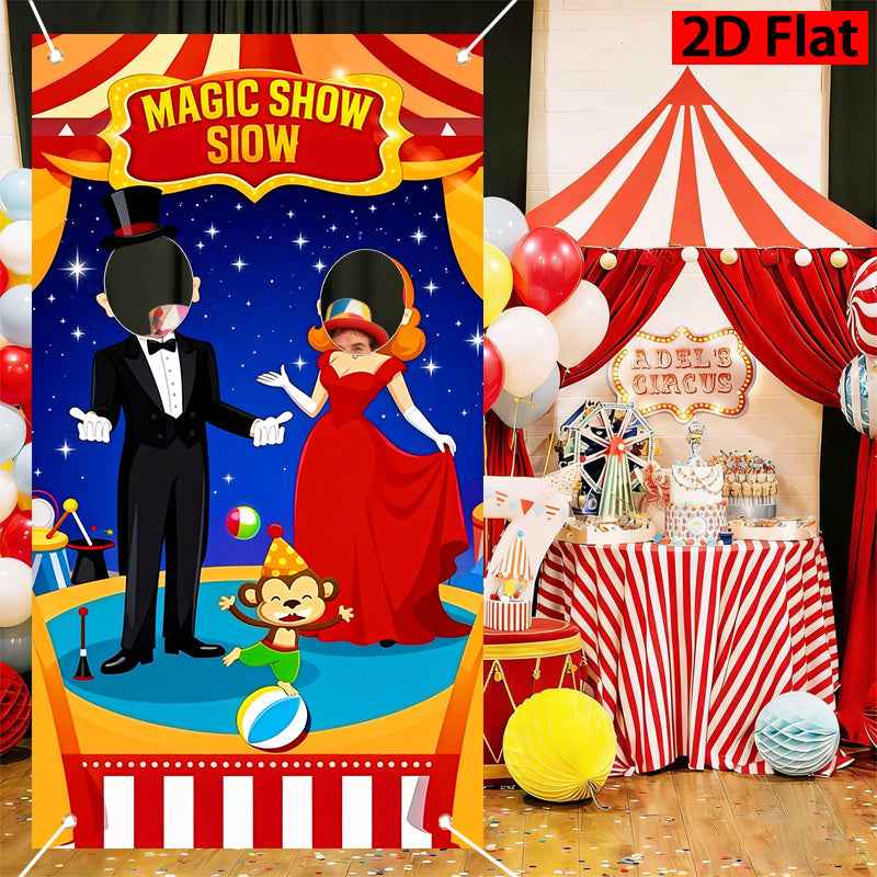 2D Flat, Magic Show Stage Carnival Photo Booth Banner with Magician, Assistant & Monkey - Red Magic-Themed Background Cloth Suitable for Birthday, Christmas, New Year Parties - -Season Party Decoration for Family, Friends, Colleagues Gatherings, 2D