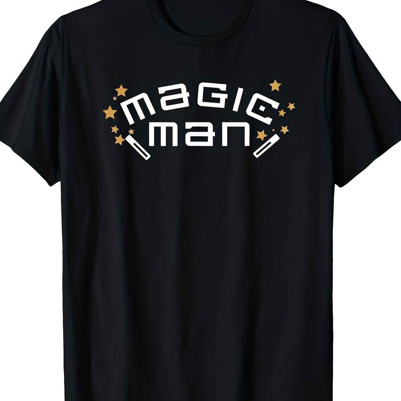 Men's Magician-Themed T-Shirt - Black with Golden Magic Wand & Lettering - Retro Magic Costume Apparel for Magicians - All-Season Comfort Fit Casual Party Wear - Perfect Gift for Boyfriend, Dad - Plus Size Available