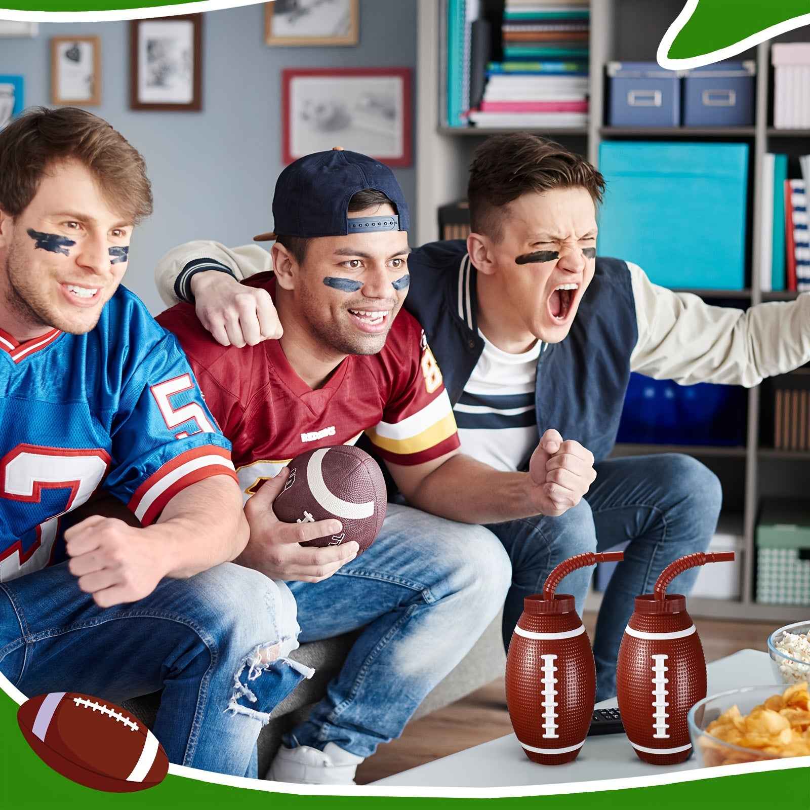 12-Pack Football-Shaped Reusable Plastic Cups with Straws & Lids for Sports-Themed Party Celebrations