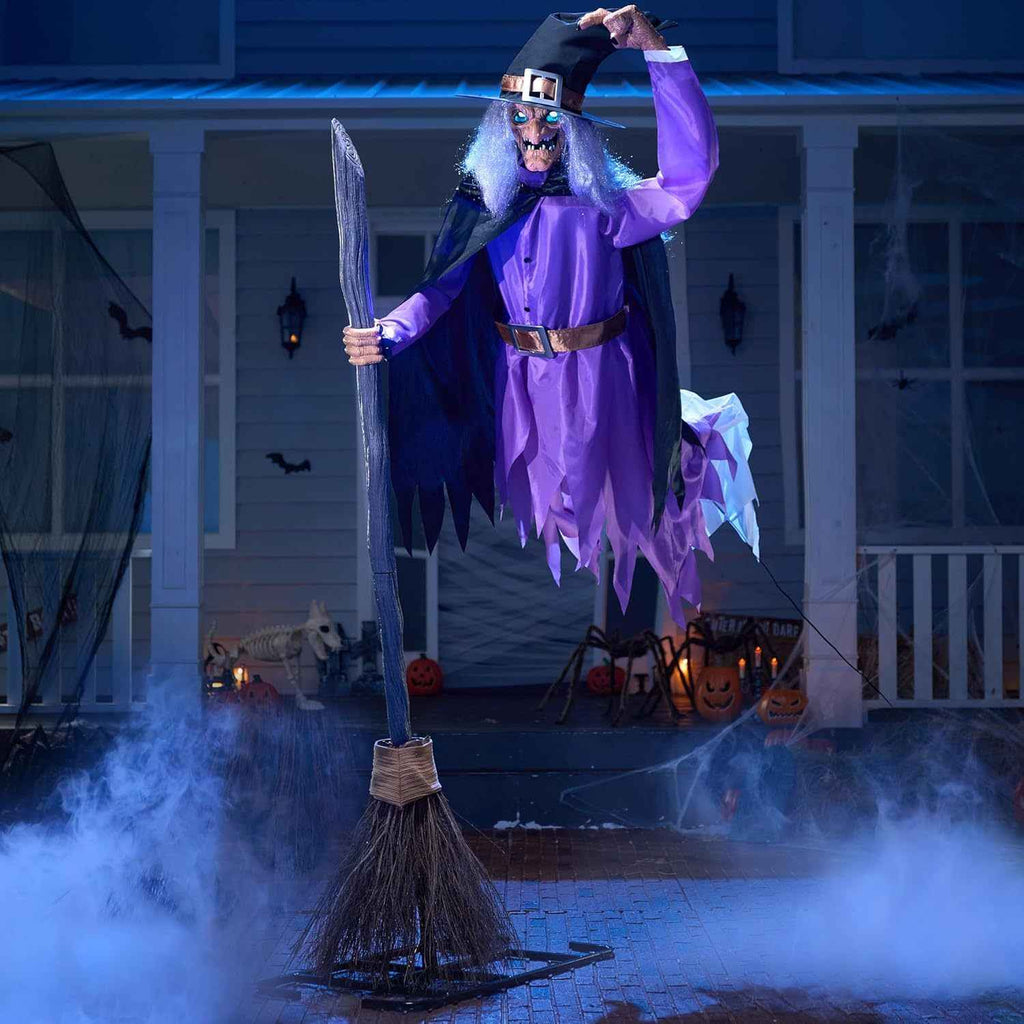 8FT Halloween Animated Flying Witch Outdoor Decoration with a Broom, Featuring Light-Up Eyes And a Creepy Voice, Perfect for Haunted House Displays in Your Yard