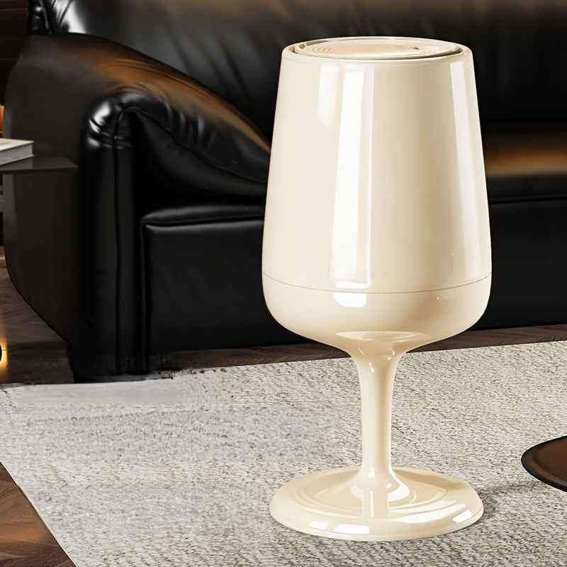 Tall Wine Glass Shaped Trash Can with Lid, Creative High-Legged Standing Floor Wastebasket, Modern Decorative Press-Top Rubbish Bin, Glossy Plastic Waste Bucket, Unique Home Accent Piece, for Kitchen Living Room Bedroom