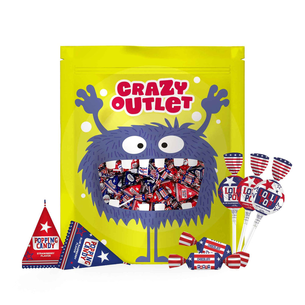CRAZYOUTLET Patriotic Candy Assortment - 3 Pound Bulk Pack (About 185 Count) - July 4th Chocolate Caramels, Lollipops, Popping Rocks Pouches