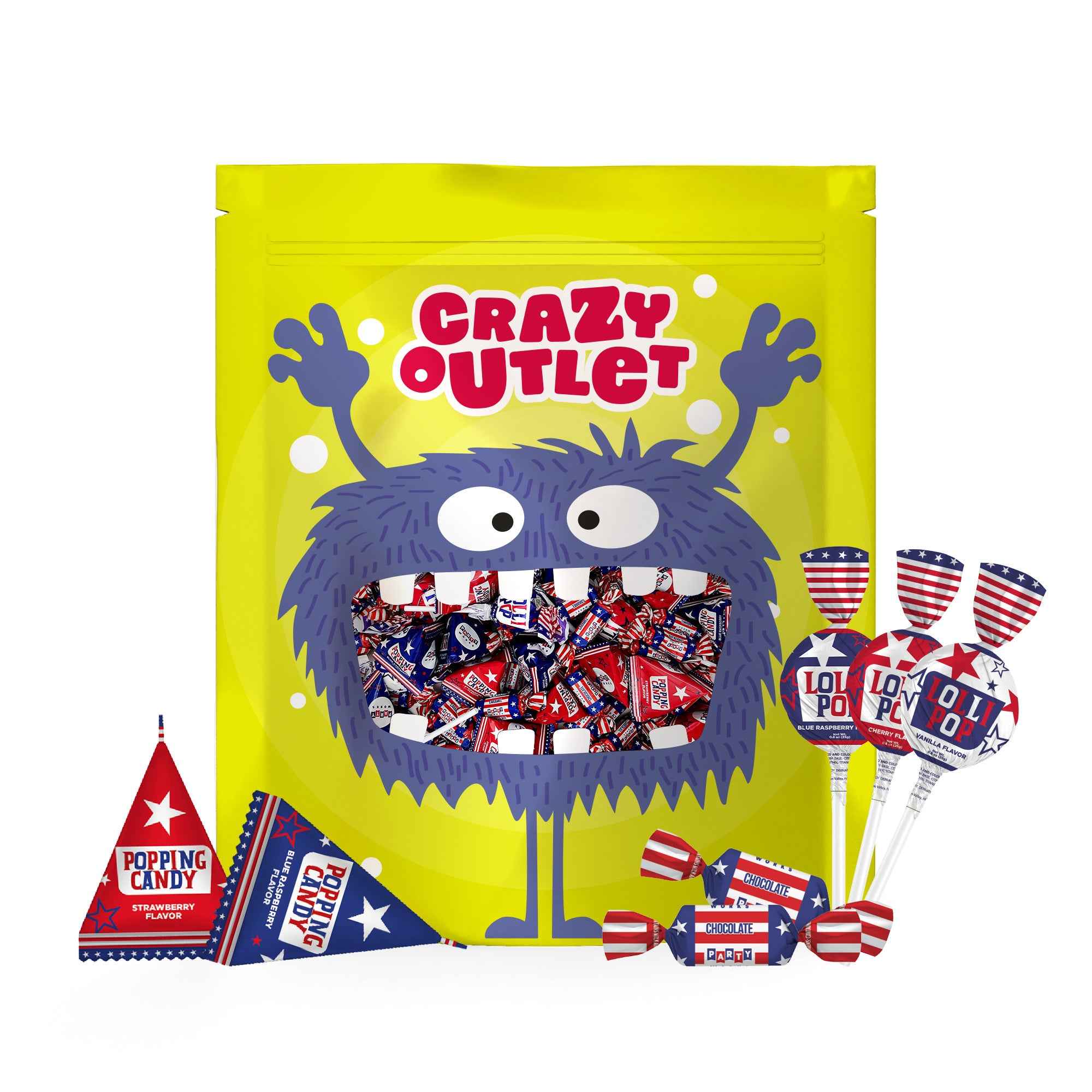 CRAZYOUTLET Patriotic Candy Assortment - 3 Pound Bulk Pack (About 185 Count) - July 4th Chocolate Caramels, Lollipops, Popping Rocks Pouches