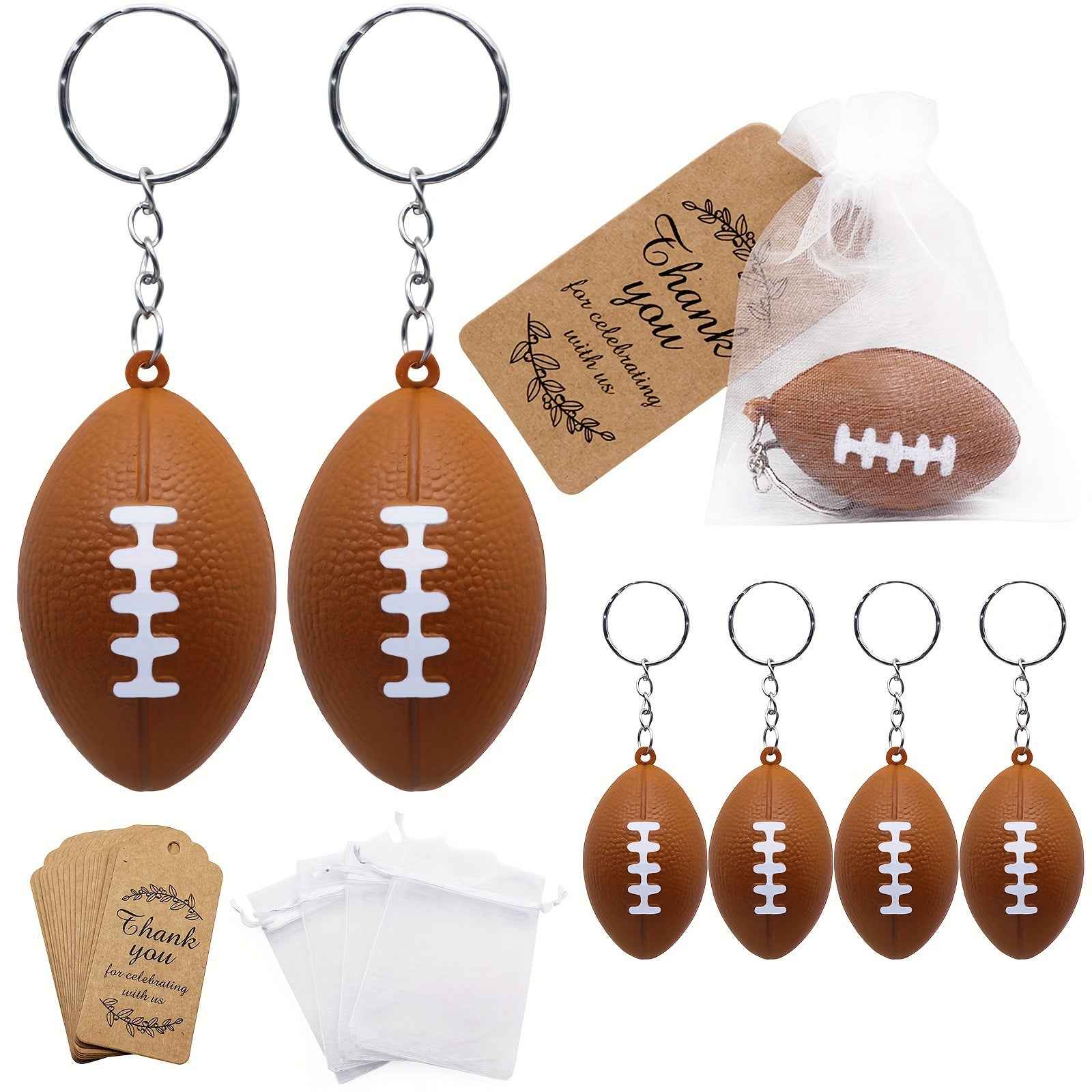 [24-Pack Rugby Favors] 24-Pack Rugby Theme Party Favors Set | Keychains, Organza Bags, Thank You Tags, Sports Themed Birthday Supplies, Celebration Gifts without Feathers