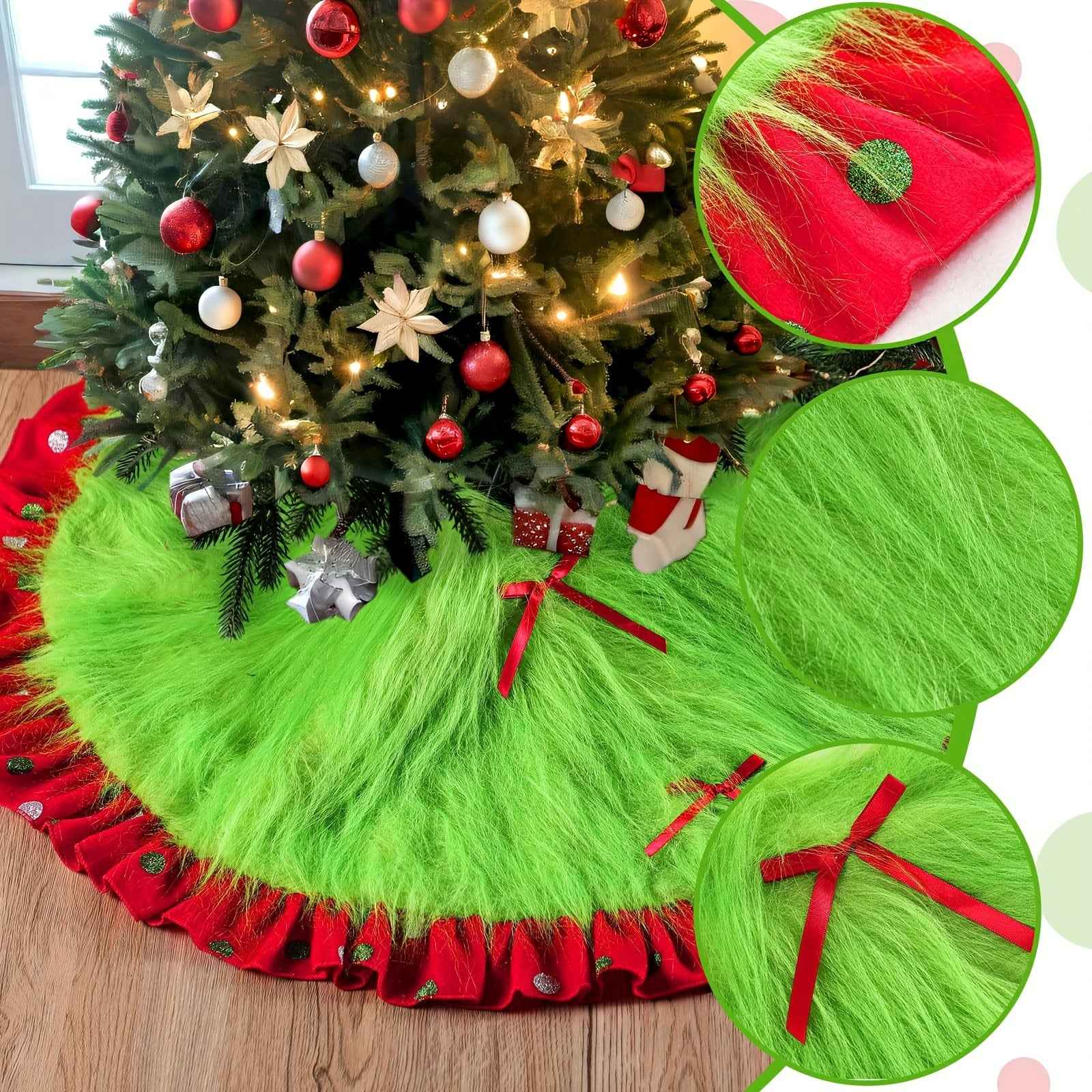 Merry Christmas. 1pc of 36-Inch Red And Green Christmas Tree Skirt, Green Plush Christmas Tree Skirt with Shiny Embellishments, Artificial Round, Suitable for Christmas Party Home Decoration, Holiday Santa Claus Theme