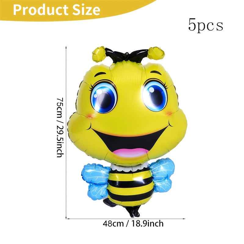 [Yellow Bee Balloons] 5-Piece Yellow Bee Foil Balloons | Large-Eyed for Birthday, Summer, Insect Parties | Background Decorations
