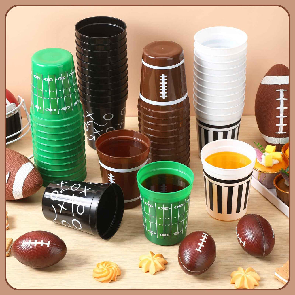 Set of 24 Football-Themed Plastic Cups, Each Holding 16 Ounces. These Reusable Cups Come in Four Different Designs And Are Perfect for Various Beverages Like, Beer, And Snacks, Making Them Ideal for Rugby Parties
