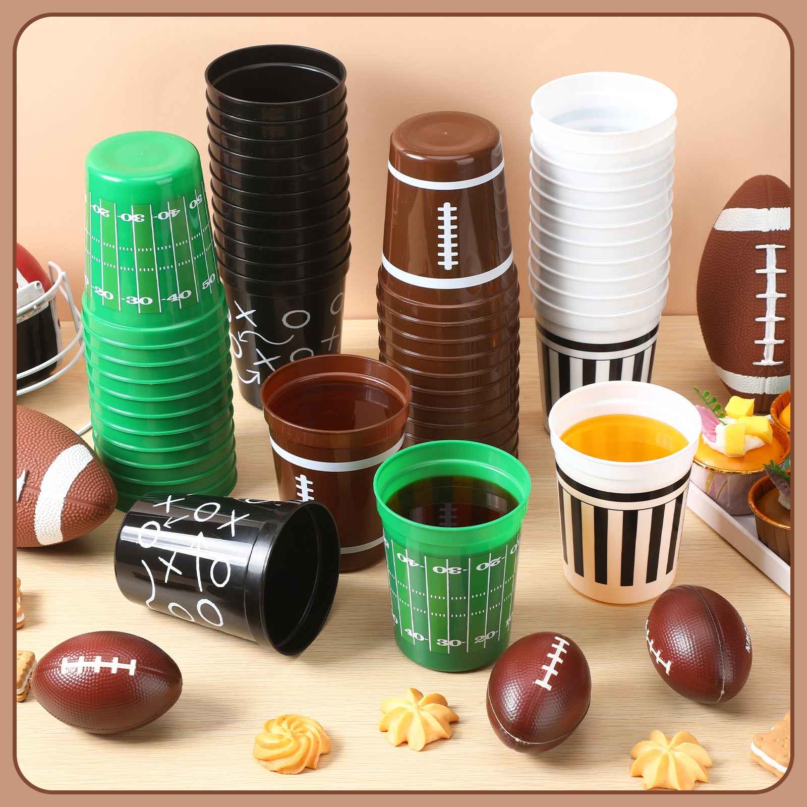 Set of 24 Football-Themed Plastic Cups, Each Holding 16 Ounces. These Reusable Cups Come in Four Different Designs And Are Perfect for Various Beverages Like, Beer, And Snacks, Making Them Ideal for Rugby Parties