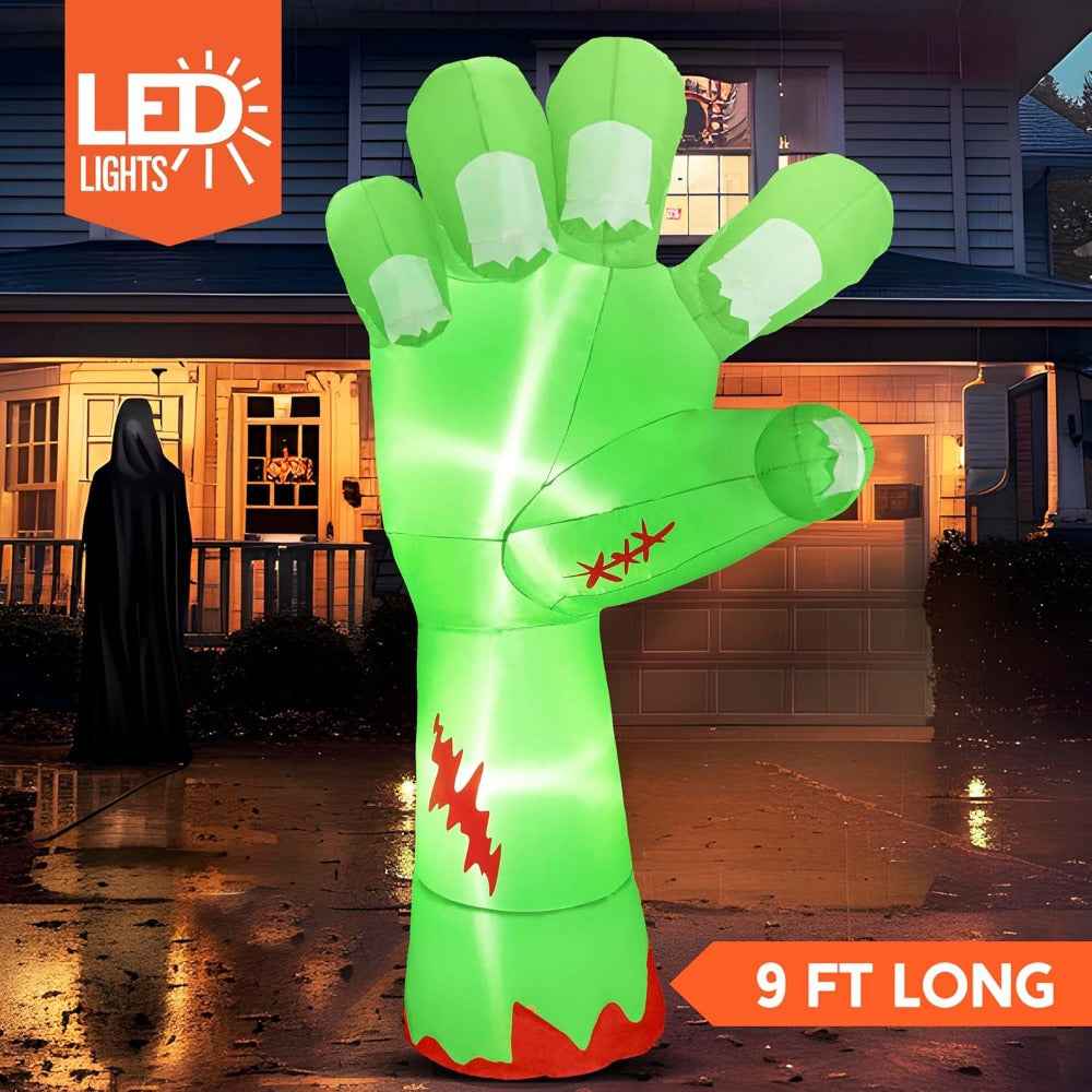 9ft Long Giant Halloween Inflatables Zombie Arm Outdoor Decoration, Giant Arm Blow Up Yard Decoration with Built-in LEDs, Halloween Inflatables Zombie Arm Party Supplies for Yard Garden Lawn