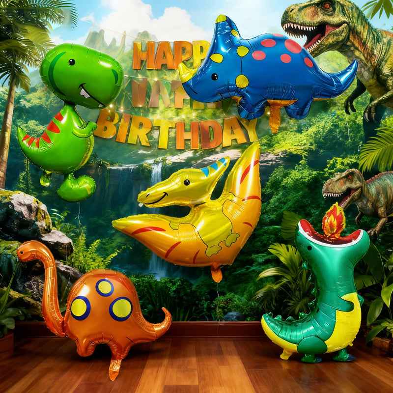 5pcs Large Q-Style Dinosaur Cartoon Film Balloons | Suitable for Jurassic Themed Party Decorations, Mixed Colors, Ideal for Birthday, Christmas, and Summer Celebrations