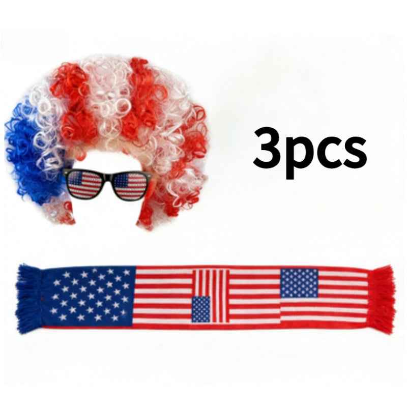 Set of Three Cheering Items in USA Colors, Including a Wig, Glasses, And a Shawl, Perfect for Events Themed Around The USA, Canada, And Mexico. Ideal for Family Viewing Parties And Soccer Fans
